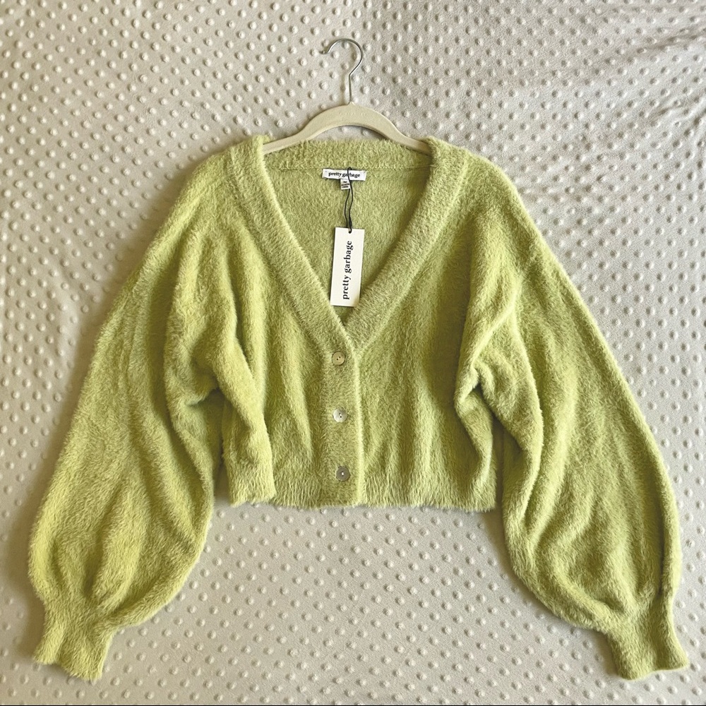PRETTY GARBAGE Light Green Eyelash Cardigan Sweater